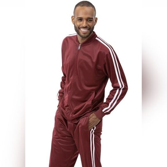 MEN'S MONTIQUE BURGUNDY 2 PIECE SPORT TRACK SUIT WITH DOUBLE SIDE STRIPE. JS26. - Picture 1 of 1